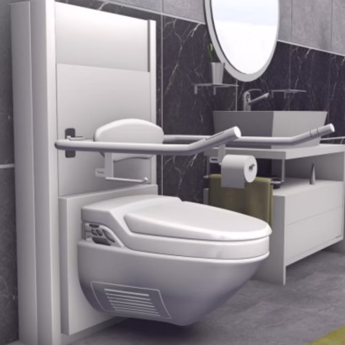 Stufenlos höhenverstellbare Toilette für selbstbestimmte Nutzung bei Mobilitätseinschränkung